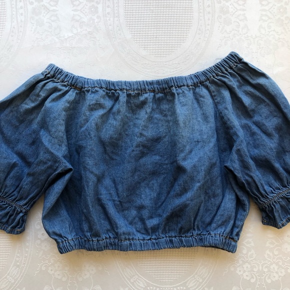 Knit Works Denim Off The Shoulder Cropped Top Girls Size S (7-8) Short Sleeves - Picture 2 of 16
